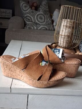 Born Tan Suede Cork Wedge Slide Sandals
